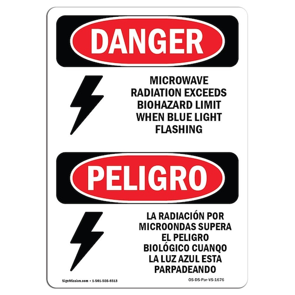 OSHA, Microwave Radiation Blue Light Bilingual, 18in X 12in Rigid Plastic, 12" W, 18" H, Spanish